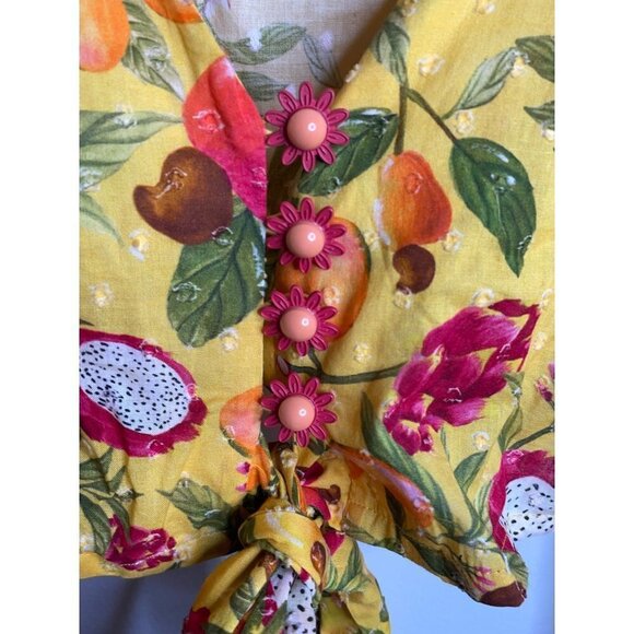 NWT Farm Rio Anthropologie Deep-V Tie-Waist Yellow Crop Top Size S Colorful - Picture 8 of 9